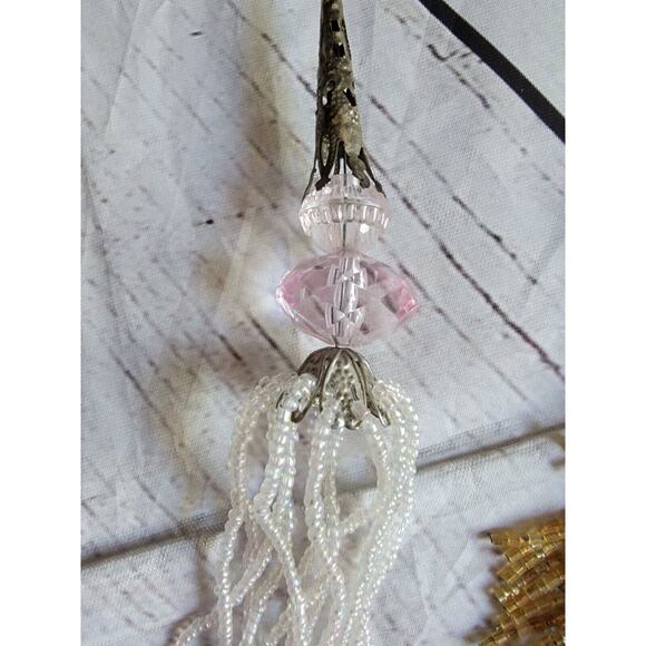 Vintage Glass Beaded Dangling Tassels 2 Ornaments Gold Pink White - Picture 6 of 9
